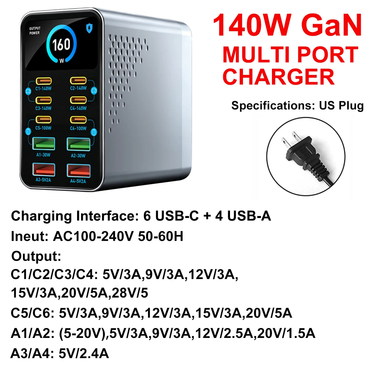 GaN Charger 10-IN-1 PD+QC Multi-port Charger USB Type C Digital Display Fast Charging Station For Phones And Tablet Fast Charger