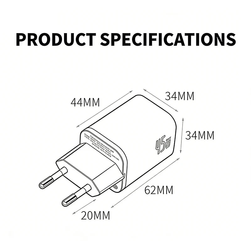 GaN Charger 45W EU Plug PD Charge USB-C Charger Fast Charging For iPhone 17 16 15 Pro Max Laptop Phone Charger