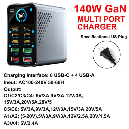 GaN Charger 10-IN-1 PD+QC Multi-port Charger USB Type C Digital Display Fast Charging Station For Phones And Tablet Fast Charger