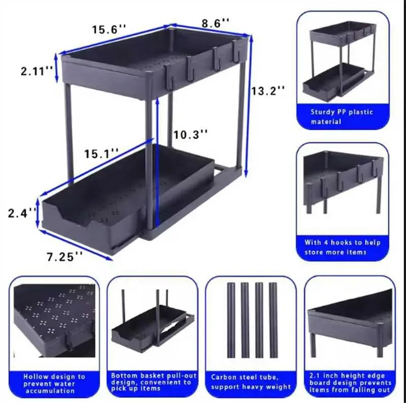 Under Sink Organizers 2 Tier Under Bathroom Cabinet Holder with Hooks & Hanging Cup, Multi-Purpose Storage Shelf for  Kitchen