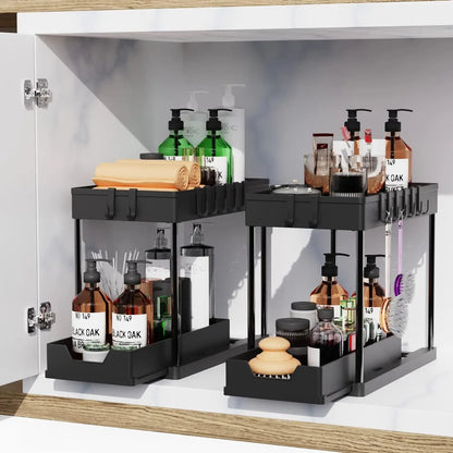 Under Sink Organizers 2 Tier Under Bathroom Cabinet Holder with Hooks & Hanging Cup, Multi-Purpose Storage Shelf for  Kitchen