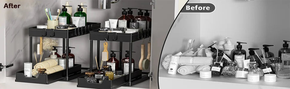 Under Sink Organizers 2 Tier Under Bathroom Cabinet Holder with Hooks & Hanging Cup, Multi-Purpose Storage Shelf for  Kitchen