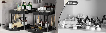 Under Sink Organizers 2 Tier Under Bathroom Cabinet Holder with Hooks & Hanging Cup, Multi-Purpose Storage Shelf for  Kitchen