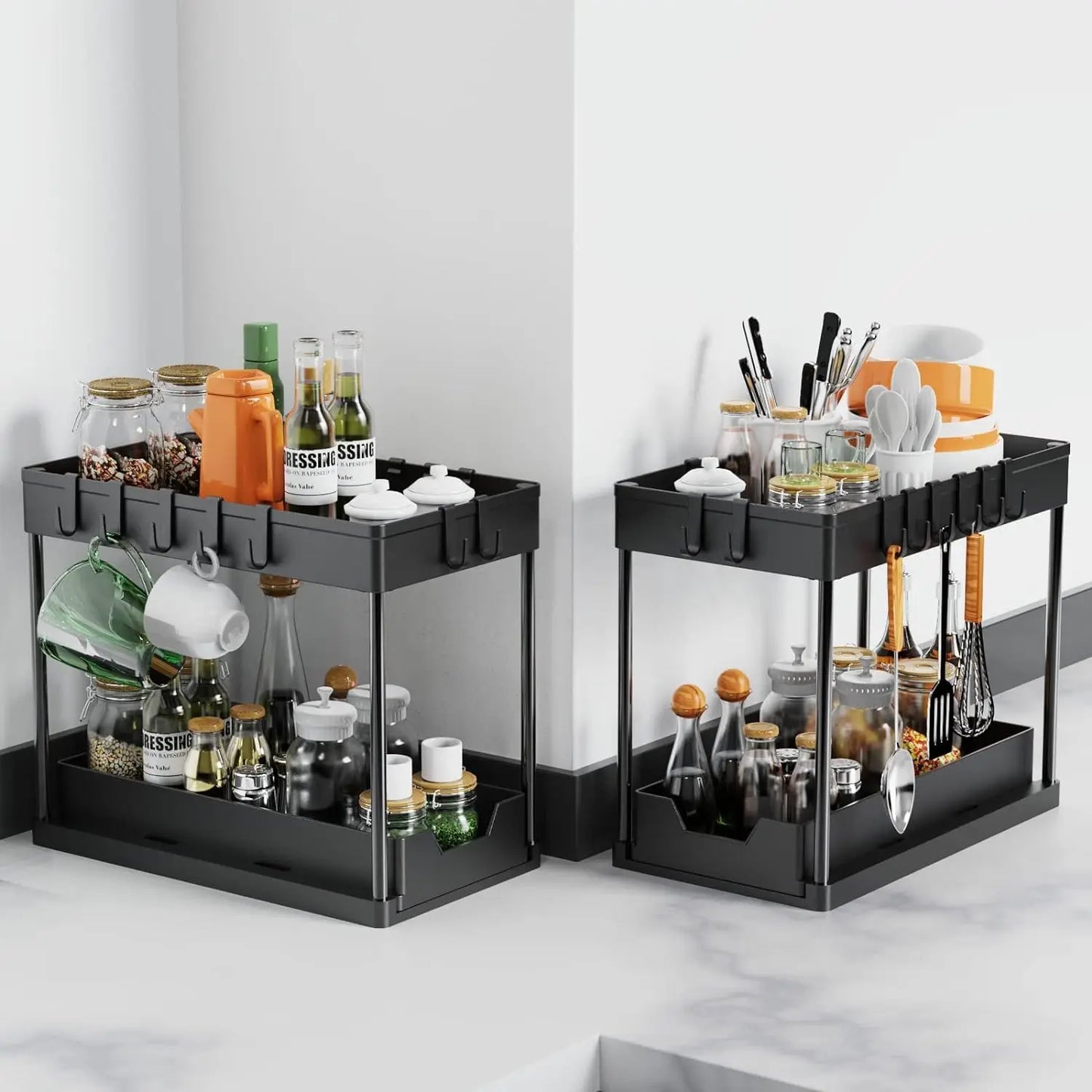 Under Sink Organizers 2 Tier Under Bathroom Cabinet Holder with Hooks & Hanging Cup, Multi-Purpose Storage Shelf for  Kitchen