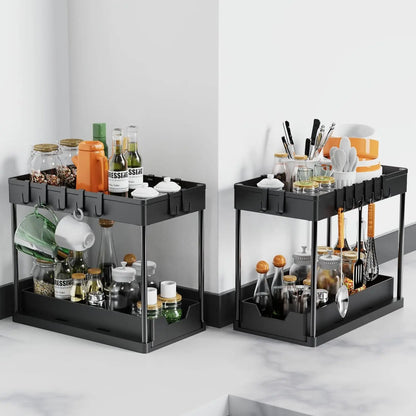Under Sink Organizers 2 Tier Under Bathroom Cabinet Holder with Hooks & Hanging Cup, Multi-Purpose Storage Shelf for  Kitchen
