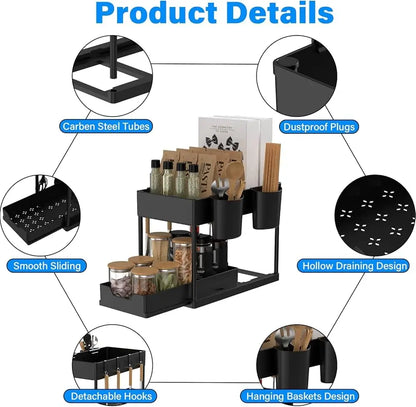 Under Sink Organizers 2 Tier Under Bathroom Cabinet Holder with Hooks & Hanging Cup, Multi-Purpose Storage Shelf for  Kitchen