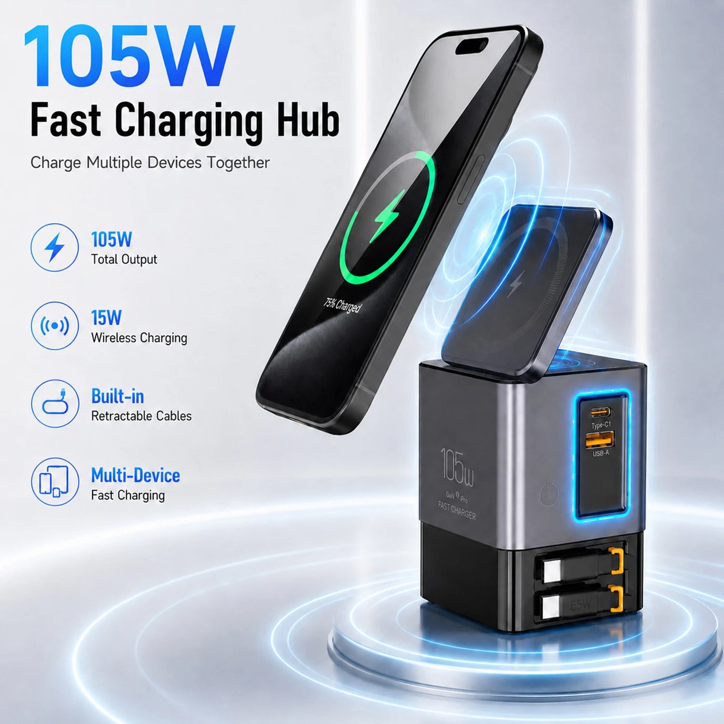 Magnetic Wireless Charging Station 105W GaN Charger with Retractable USB-C Cables, Fast Charging Dock for iPhone Multiple Device