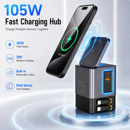 Magnetic Wireless Charging Station 105W GaN Charger with Retractable USB-C Cables, Fast Charging Dock for iPhone Multiple Device