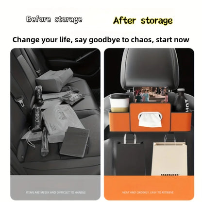 Car Seat Organizer with ABS Box & Tissue Holder. Double Storage for Snacks/Drinks. Easy Install, Durable Resin for All Cars.