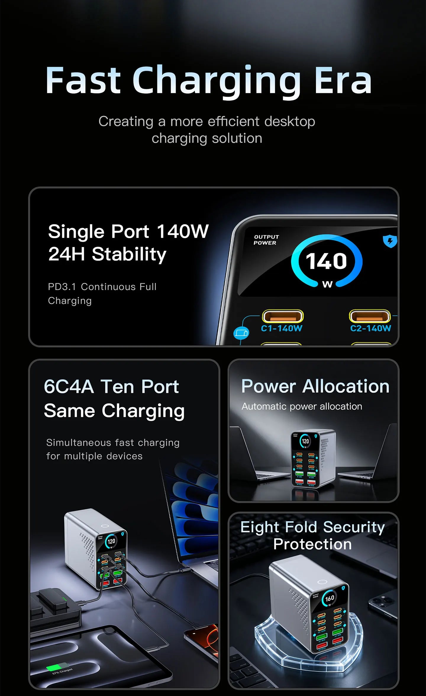 GaN Charger 10-IN-1 PD+QC Multi-port Charger USB Type C Digital Display Fast Charging Station For Phones And Tablet Fast Charger