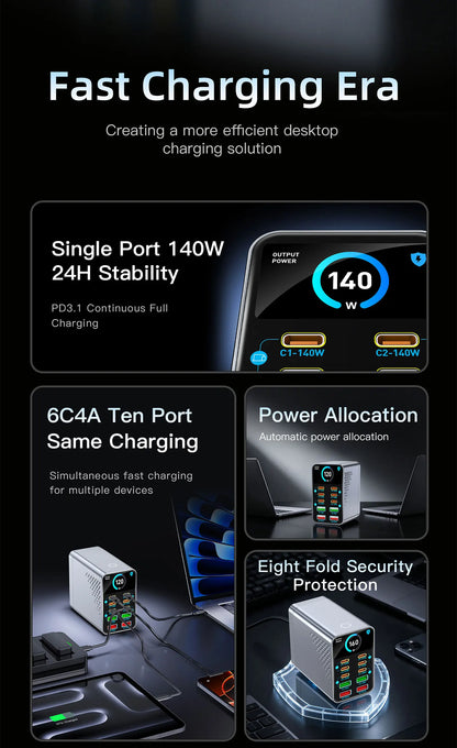 GaN Charger 10-IN-1 PD+QC Multi-port Charger USB Type C Digital Display Fast Charging Station For Phones And Tablet Fast Charger