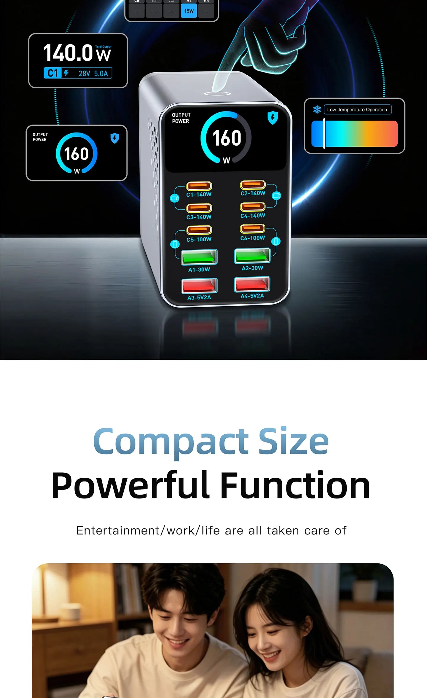 GaN Charger 10-IN-1 PD+QC Multi-port Charger USB Type C Digital Display Fast Charging Station For Phones And Tablet Fast Charger