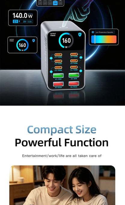 GaN Charger 10-IN-1 PD+QC Multi-port Charger USB Type C Digital Display Fast Charging Station For Phones And Tablet Fast Charger