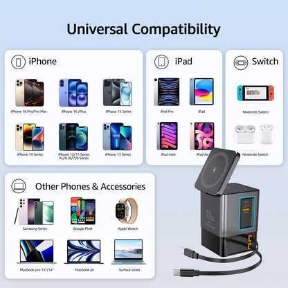 Magnetic Wireless Charging Station 105W GaN Charger with Retractable USB-C Cables, Fast Charging Dock for iPhone Multiple Device