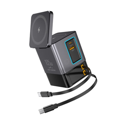 Magnetic Wireless Charging Station 105W GaN Charger with Retractable USB-C Cables, Fast Charging Dock for iPhone Multiple Device