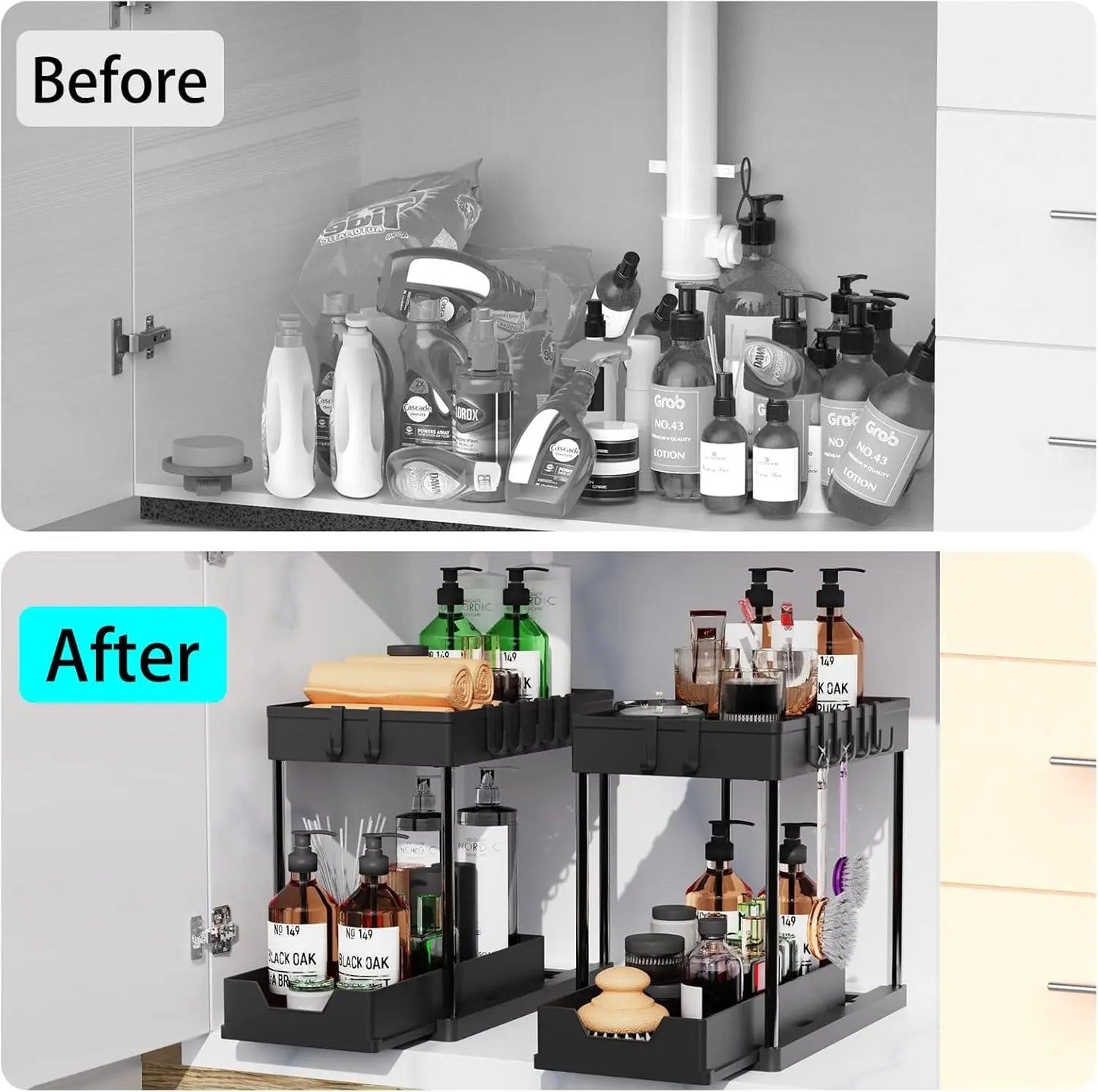 Under Sink Organizers 2 Tier Under Bathroom Cabinet Holder with Hooks & Hanging Cup, Multi-Purpose Storage Shelf for  Kitchen