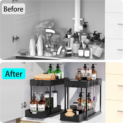 Under Sink Organizers 2 Tier Under Bathroom Cabinet Holder with Hooks & Hanging Cup, Multi-Purpose Storage Shelf for  Kitchen