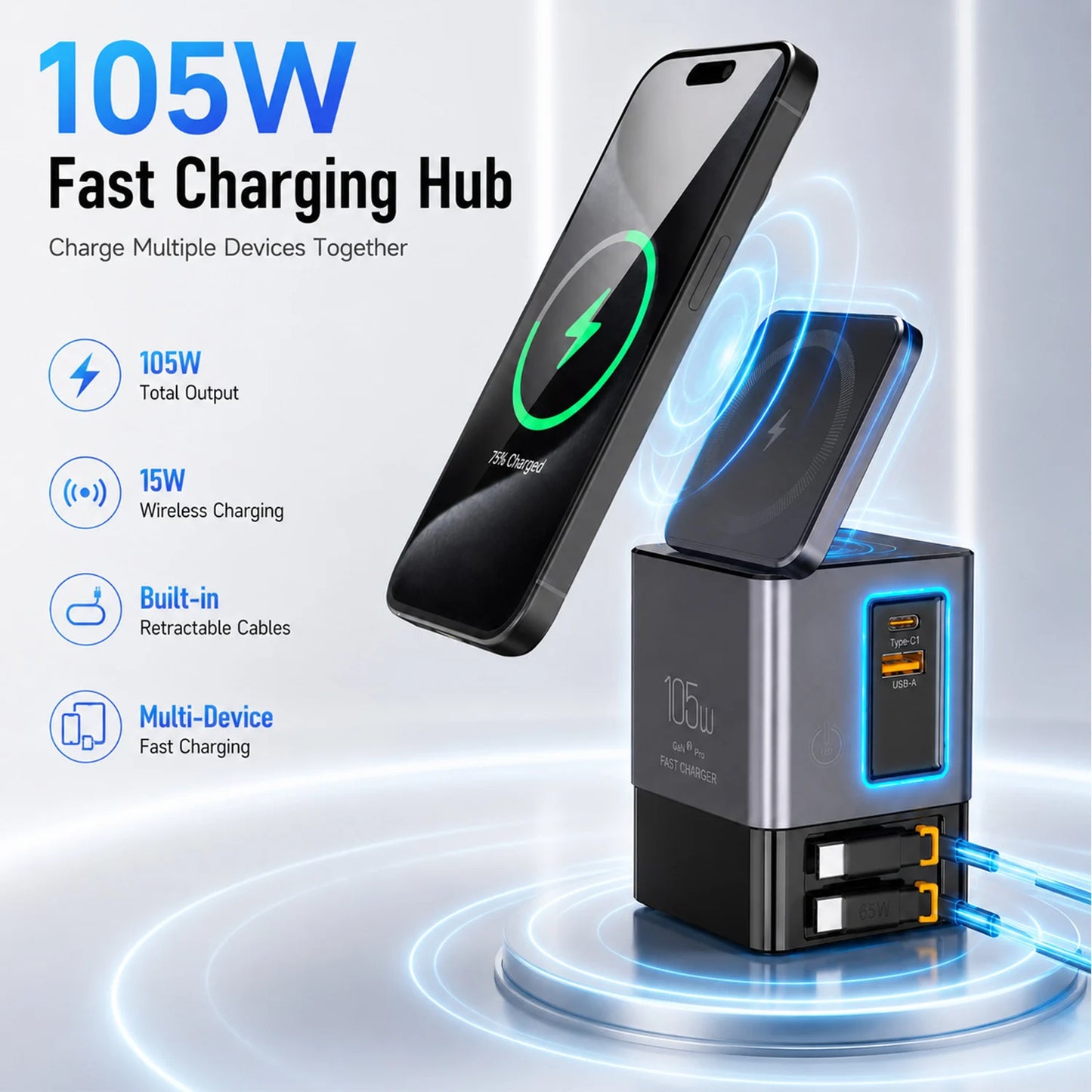 Magnetic Wireless Charging Station 105W GaN Charger with Retractable USB-C Cables, Fast Charging Dock for iPhone Multiple Device
