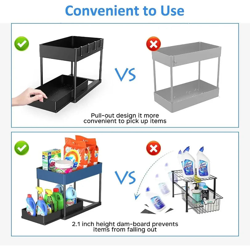 Under Sink Organizers 2 Tier Under Bathroom Cabinet Holder with Hooks & Hanging Cup, Multi-Purpose Storage Shelf for  Kitchen