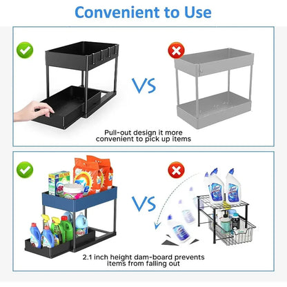 Under Sink Organizers 2 Tier Under Bathroom Cabinet Holder with Hooks & Hanging Cup, Multi-Purpose Storage Shelf for  Kitchen