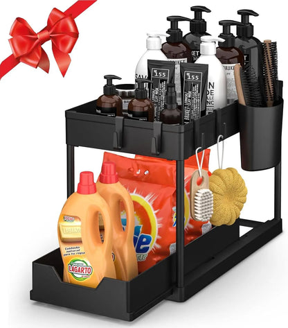 Under Sink Organizers 2 Tier Under Bathroom Cabinet Holder with Hooks & Hanging Cup, Multi-Purpose Storage Shelf for  Kitchen