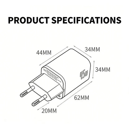 GaN Charger 45W EU Plug PD Charge USB-C Charger Fast Charging For iPhone 17 16 15 Pro Max Laptop Phone Charger