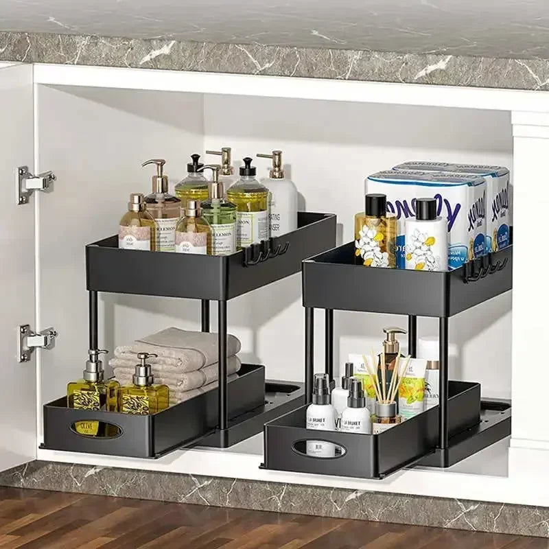 2 Tier Under Sink Organizer Sliding Cabinet Basket Organizer Storage Rack with Hooks Hanging Cup Bathroom Kitchen Organizer