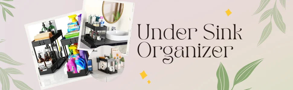 Under Sink Organizers 2 Tier Under Bathroom Cabinet Holder with Hooks & Hanging Cup, Multi-Purpose Storage Shelf for  Kitchen