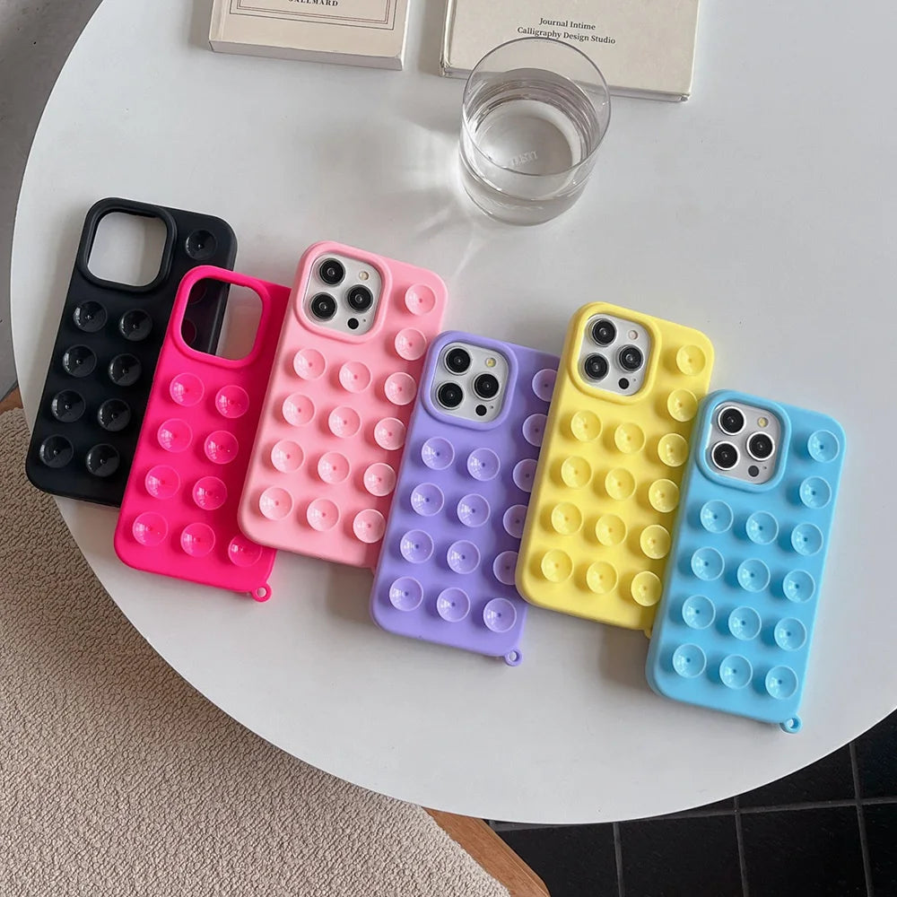 3D Suction Cup Phone Case For iPhone 17 16 13 11 15 12 14 Pro Max 17 Air 14 Plus Soft Candy Color Shockproof Anti-Slip Cover