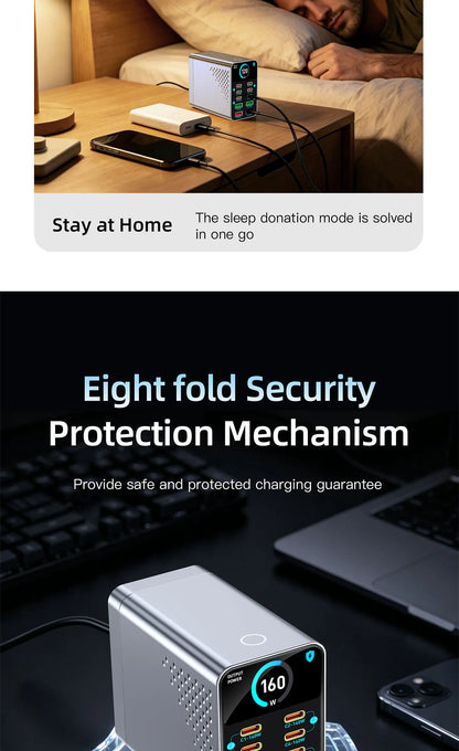 GaN Charger 10-IN-1 PD+QC Multi-port Charger USB Type C Digital Display Fast Charging Station For Phones And Tablet Fast Charger