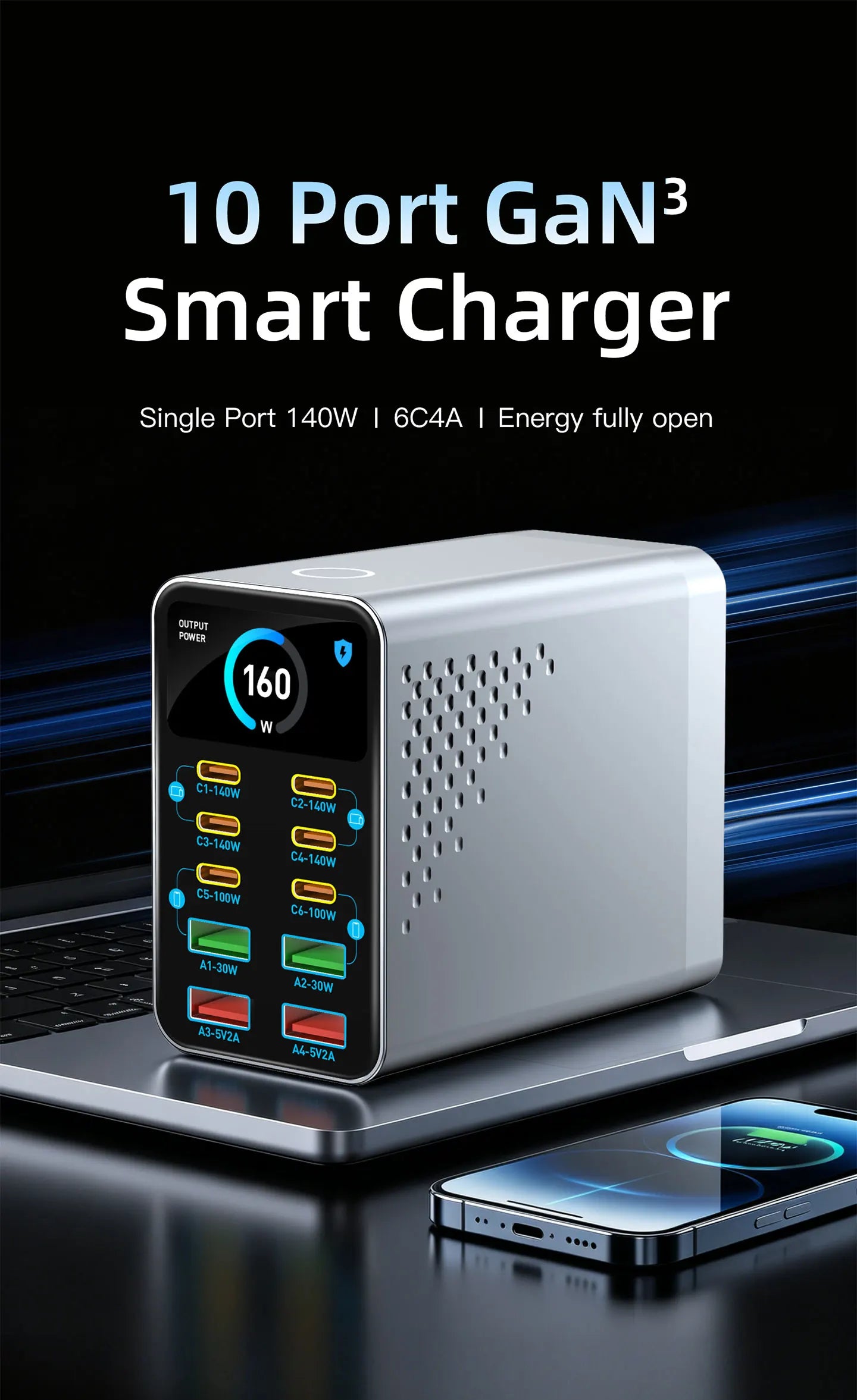 GaN Charger 10-IN-1 PD+QC Multi-port Charger USB Type C Digital Display Fast Charging Station For Phones And Tablet Fast Charger