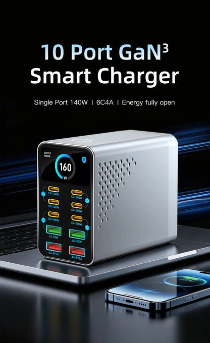 GaN Charger 10-IN-1 PD+QC Multi-port Charger USB Type C Digital Display Fast Charging Station For Phones And Tablet Fast Charger