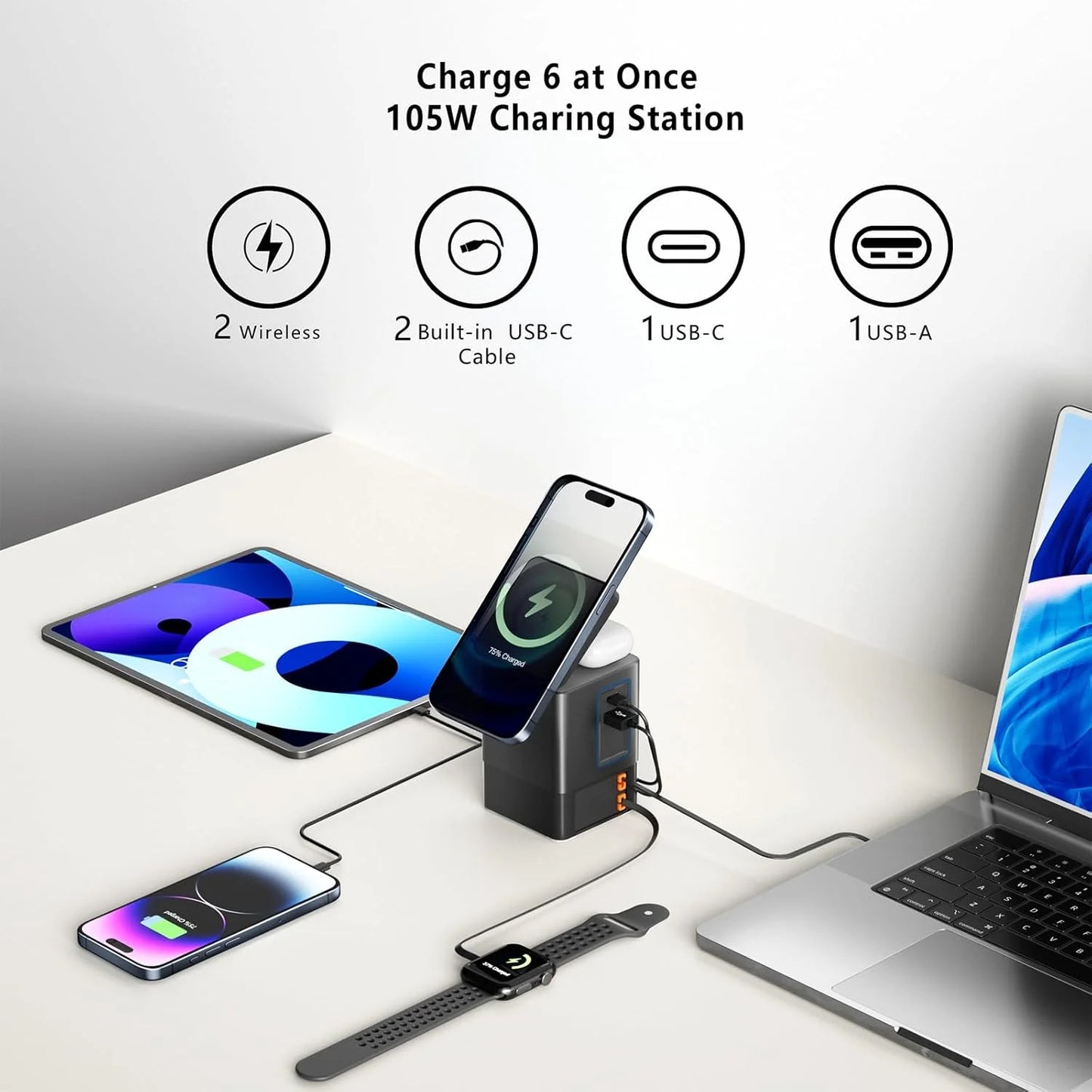 Magnetic Wireless Charging Station 105W GaN Charger with Retractable USB-C Cables, Fast Charging Dock for iPhone Multiple Device