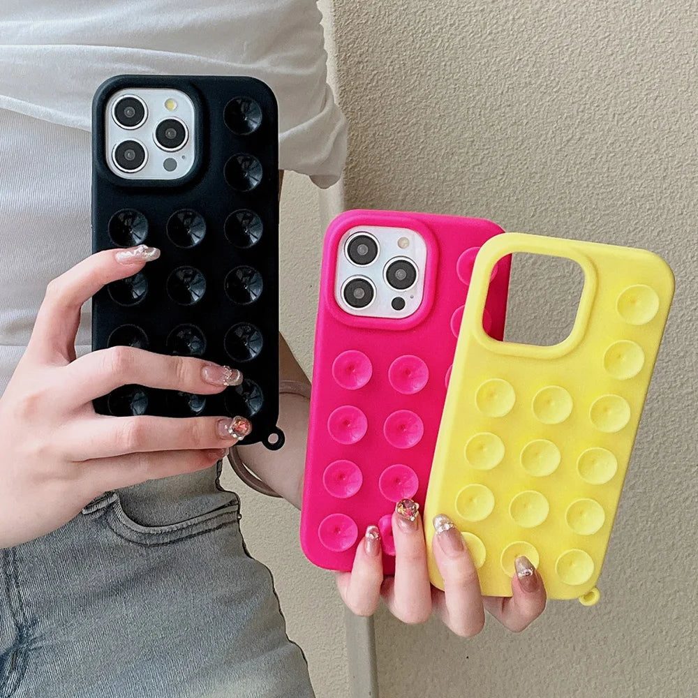 3D Suction Cup Phone Case For iPhone 17 16 13 11 15 12 14 Pro Max 17 Air 14 Plus Soft Candy Color Shockproof Anti-Slip Cover