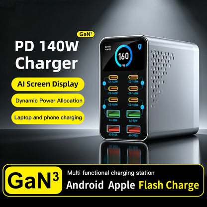 GaN Charger 10-IN-1 PD+QC Multi-port Charger USB Type C Digital Display Fast Charging Station For Phones And Tablet Fast Charger
