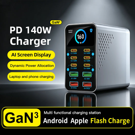 GaN Charger 10-IN-1 PD+QC Multi-port Charger USB Type C Digital Display Fast Charging Station For Phones And Tablet Fast Charger