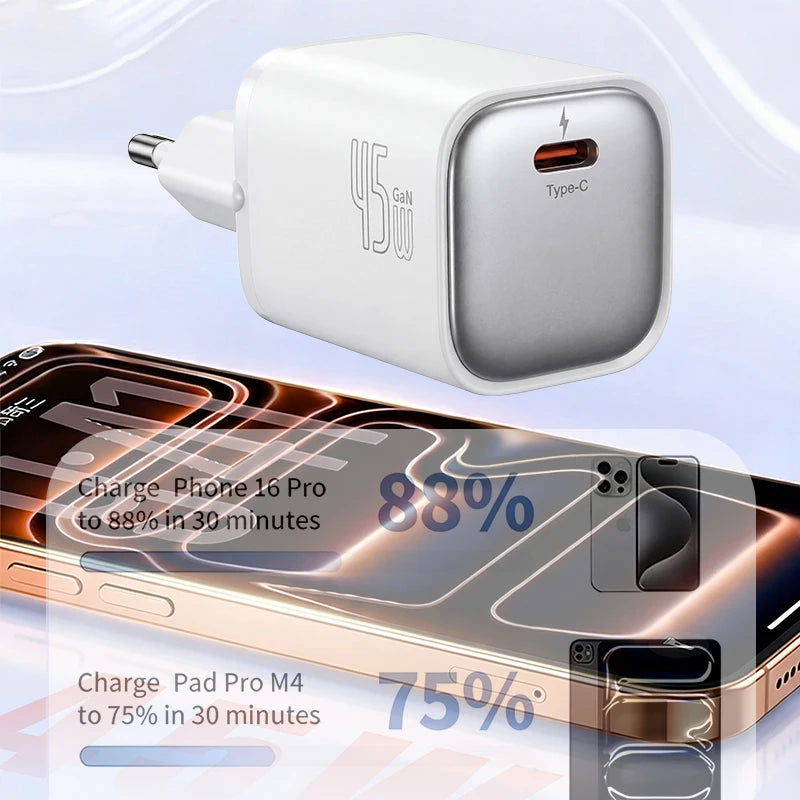 GaN Charger 45W EU Plug PD Charge USB-C Charger Fast Charging For iPhone 17 16 15 Pro Max Laptop Phone Charger