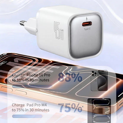 GaN Charger 45W EU Plug PD Charge USB-C Charger Fast Charging For iPhone 17 16 15 Pro Max Laptop Phone Charger