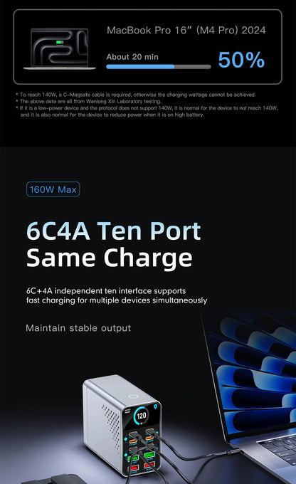 GaN Charger 10-IN-1 PD+QC Multi-port Charger USB Type C Digital Display Fast Charging Station For Phones And Tablet Fast Charger