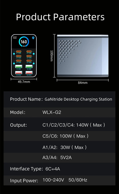 GaN Charger 10-IN-1 PD+QC Multi-port Charger USB Type C Digital Display Fast Charging Station For Phones And Tablet Fast Charger