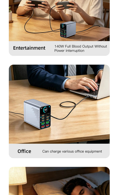 GaN Charger 10-IN-1 PD+QC Multi-port Charger USB Type C Digital Display Fast Charging Station For Phones And Tablet Fast Charger