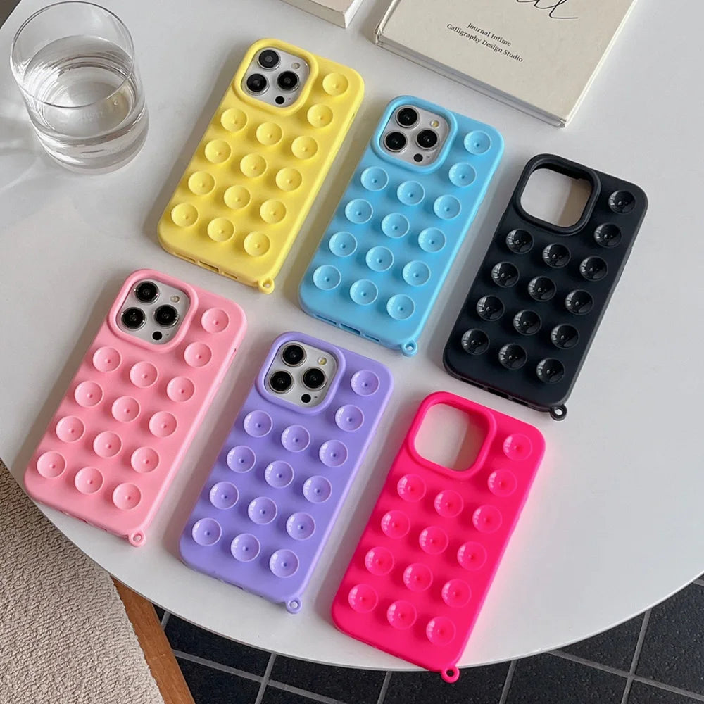 3D Suction Cup Phone Case For iPhone 17 16 13 11 15 12 14 Pro Max 17 Air 14 Plus Soft Candy Color Shockproof Anti-Slip Cover