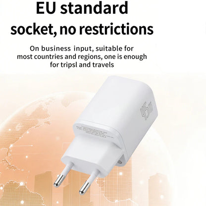 GaN Charger 45W EU Plug PD Charge USB-C Charger Fast Charging For iPhone 17 16 15 Pro Max Laptop Phone Charger